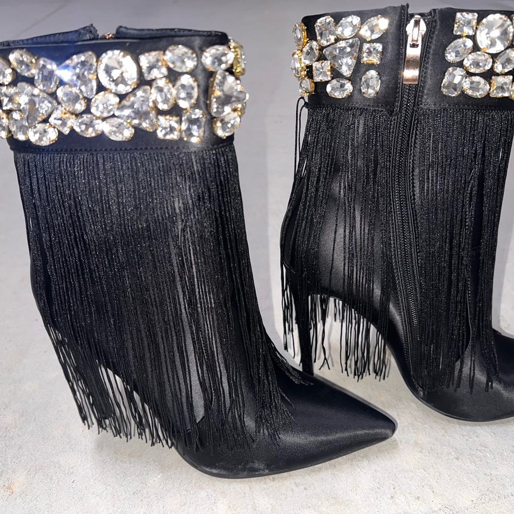 Azalea Wang Black Fringe Ankle Boots with Rhinestones